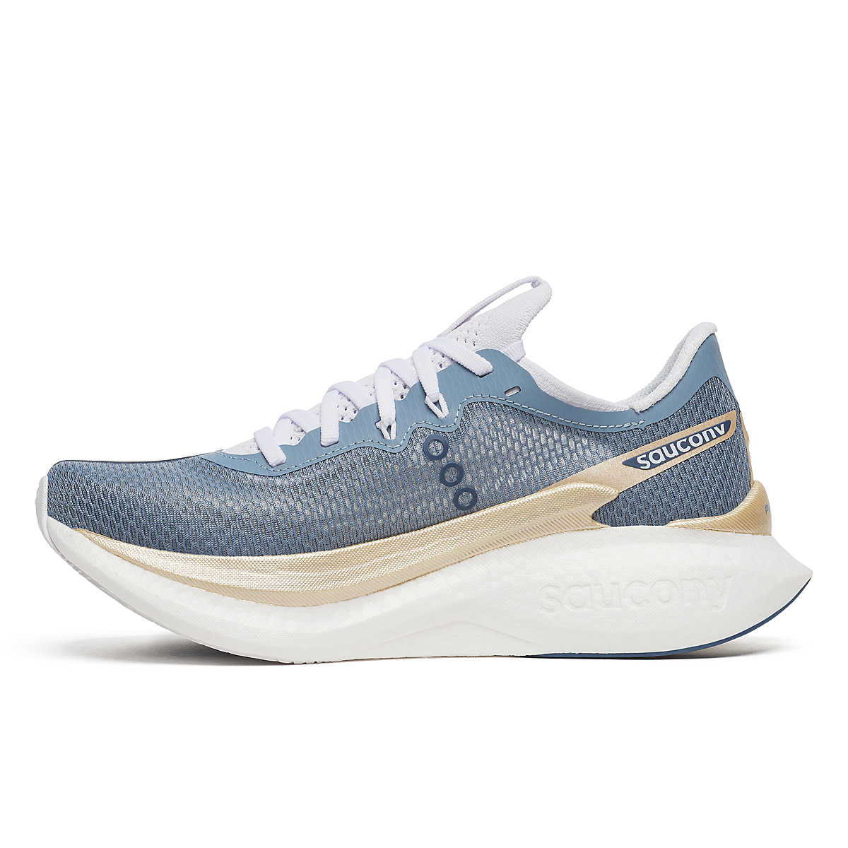 Women's Saucony Endorphin Pro 5. Blue and gold upper. White midsole. Medial view.