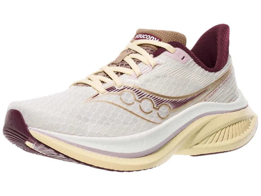 Women's Saucony Endorphin Speed 5. Ivory/Maroon. Lateral view.