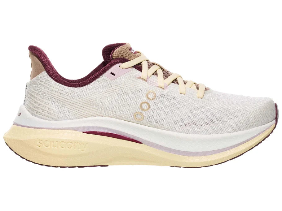 Women's Saucony Endorphin Speed 5. Ivory/Maroon. Medial view.