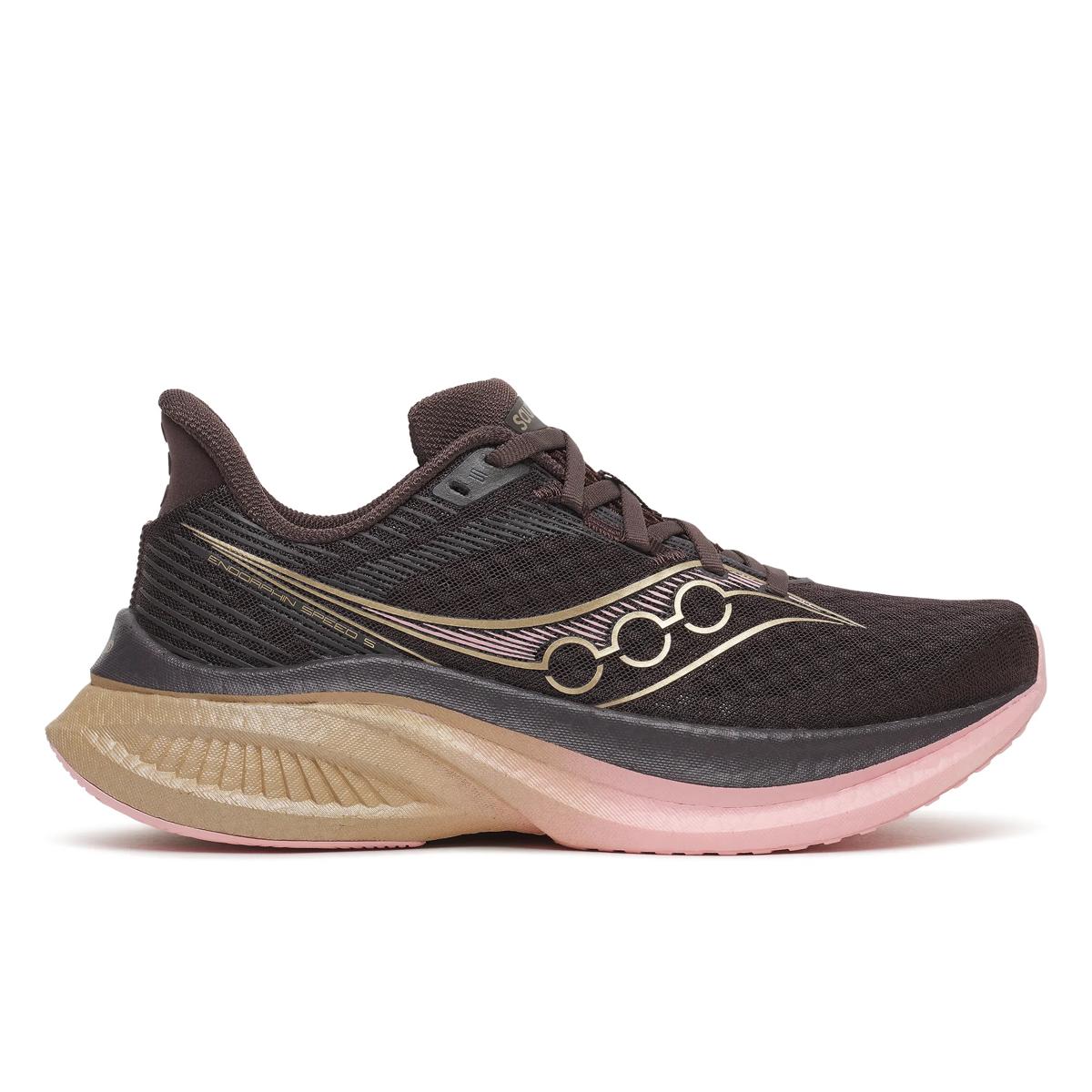 Women's Saucony Endorphin Speed 5. Torte/Aureate. Lateral view.