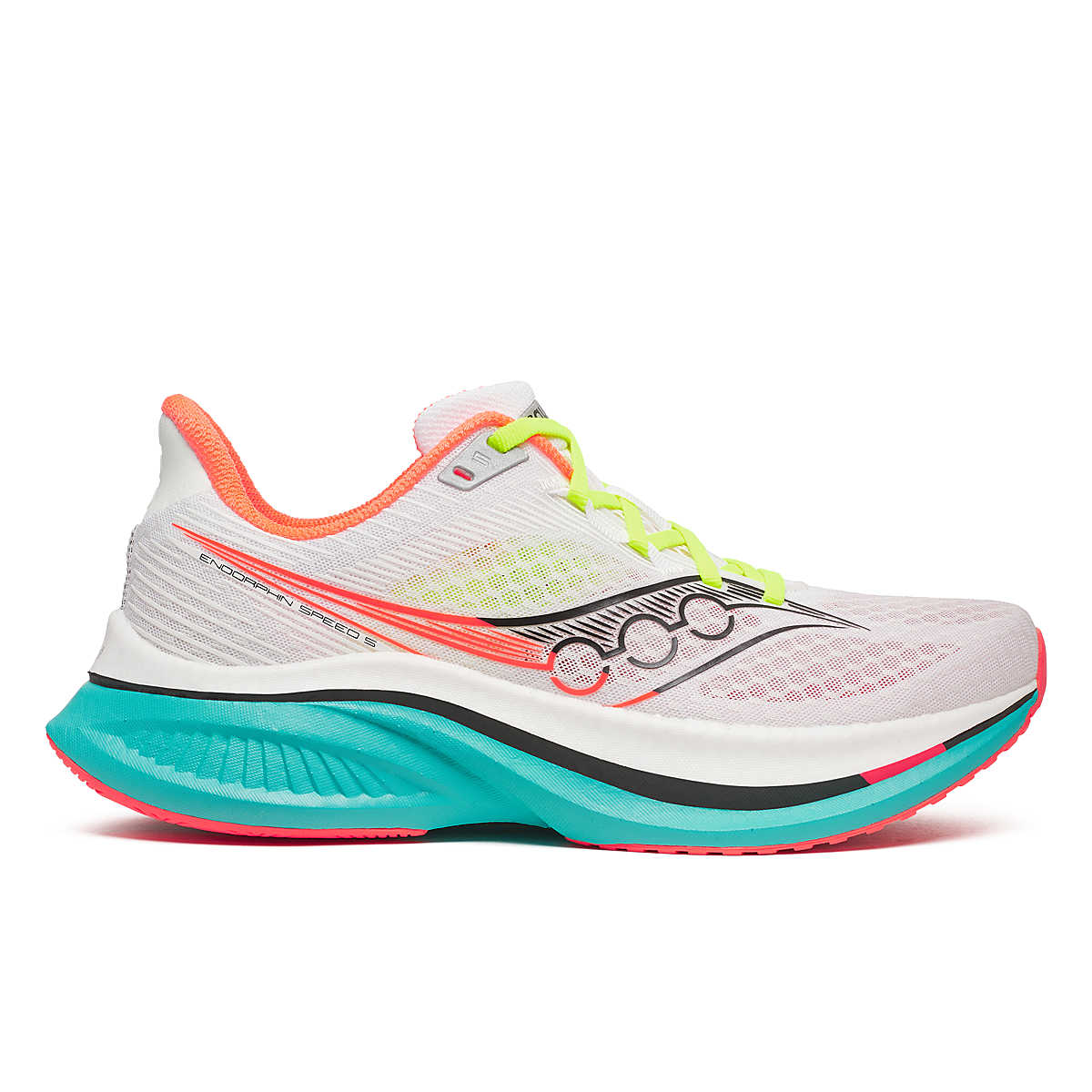 Women's Saucony Endorphin Speed 5 in White/Mutant, three-quarter view