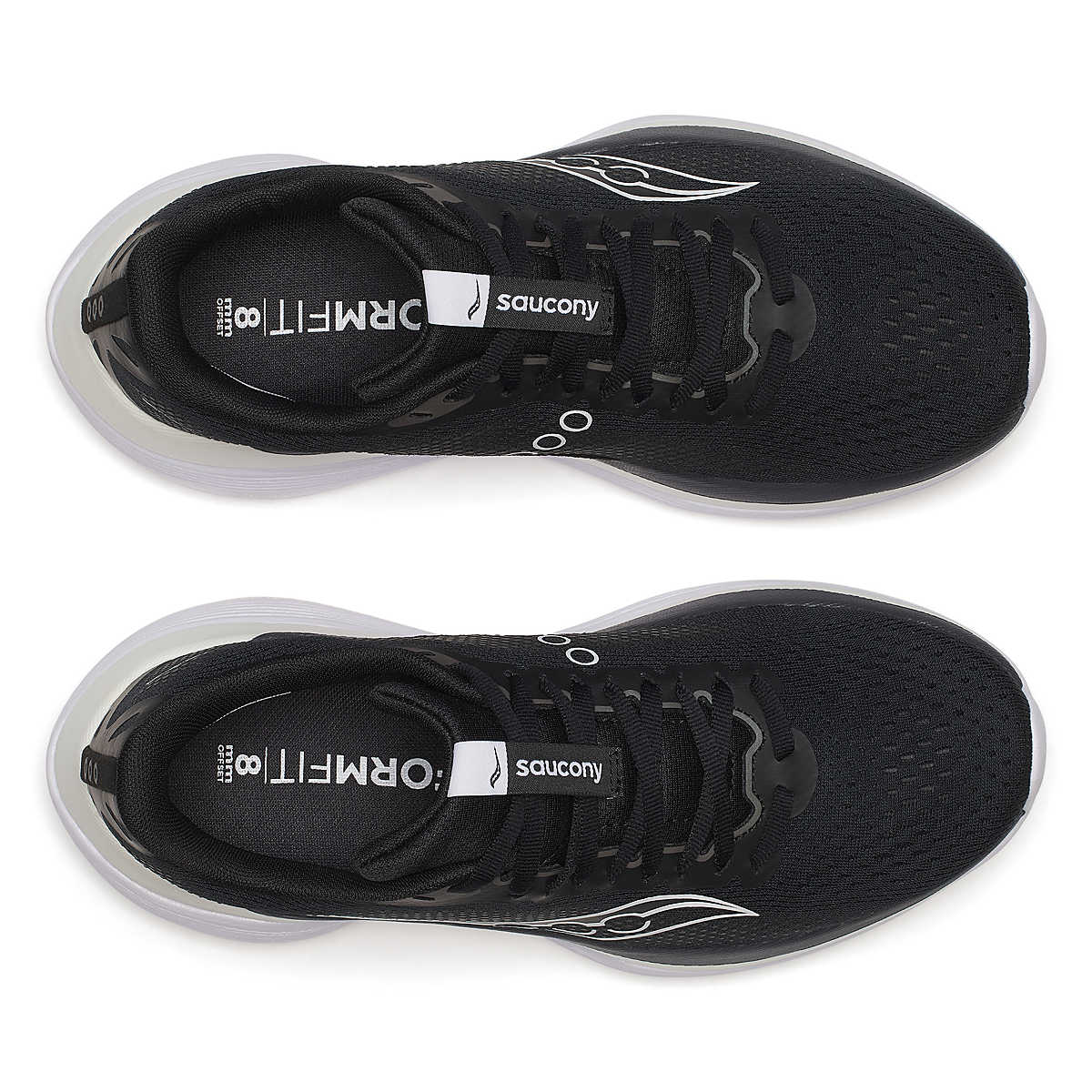 Women's Saucony Endorphin Trainer. Black upper. White midsole. Top view.
