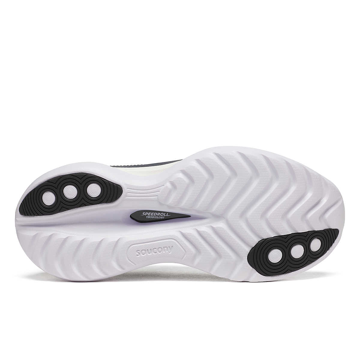Women's Saucony Endorphin Trainer. Black upper. White midsole. Bottom view.