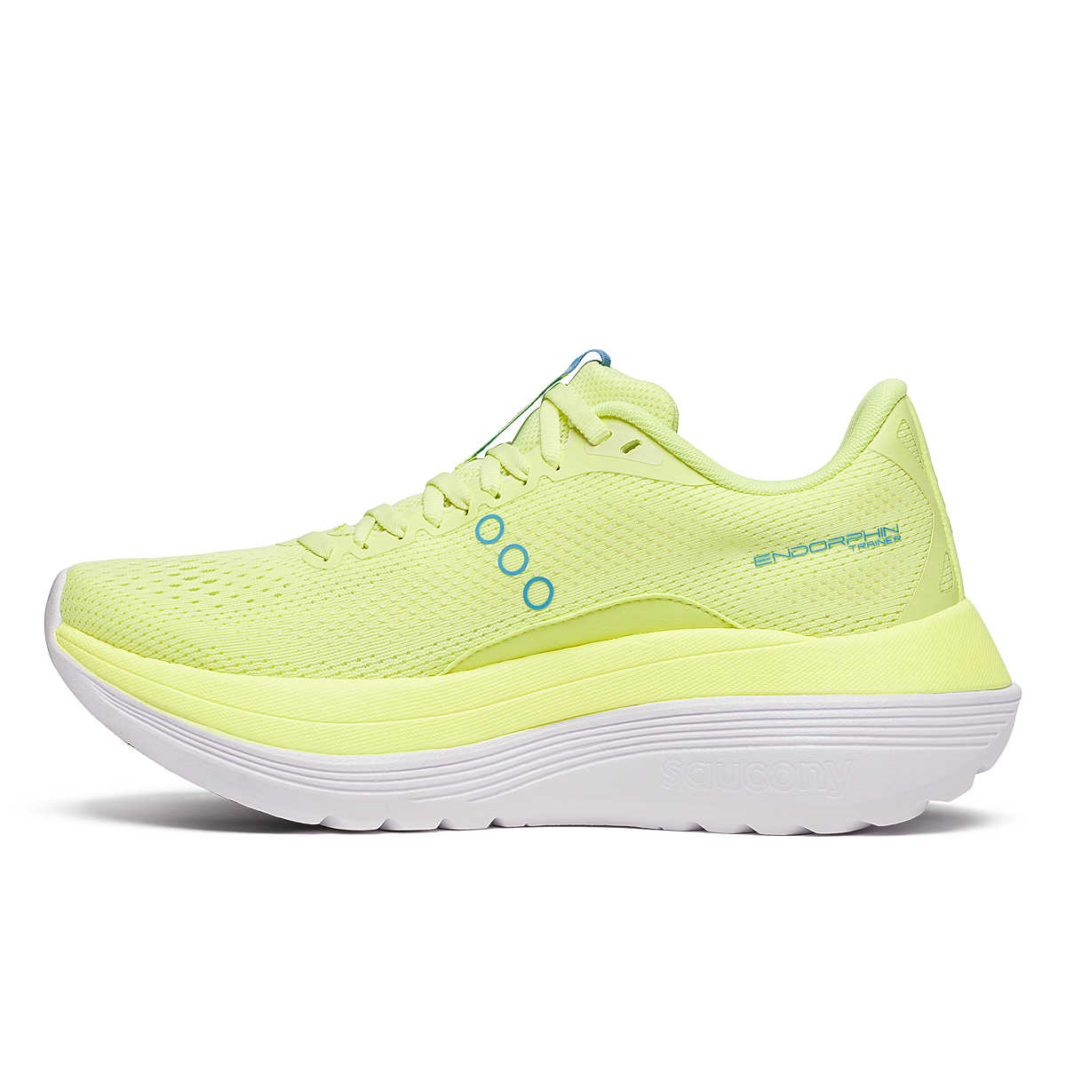 Women's Saucony Endorphin Trainer. Sunny/Denim. Medial view.