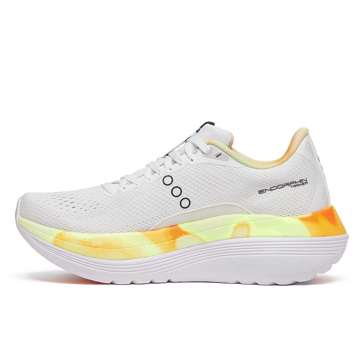 Women's Saucony Endorphin Trainer. White/Black. Medial view.