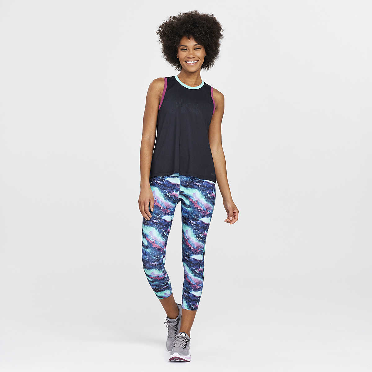 Women's Saucony Fortify Crop. Dusk Galaxy Print. Front view.