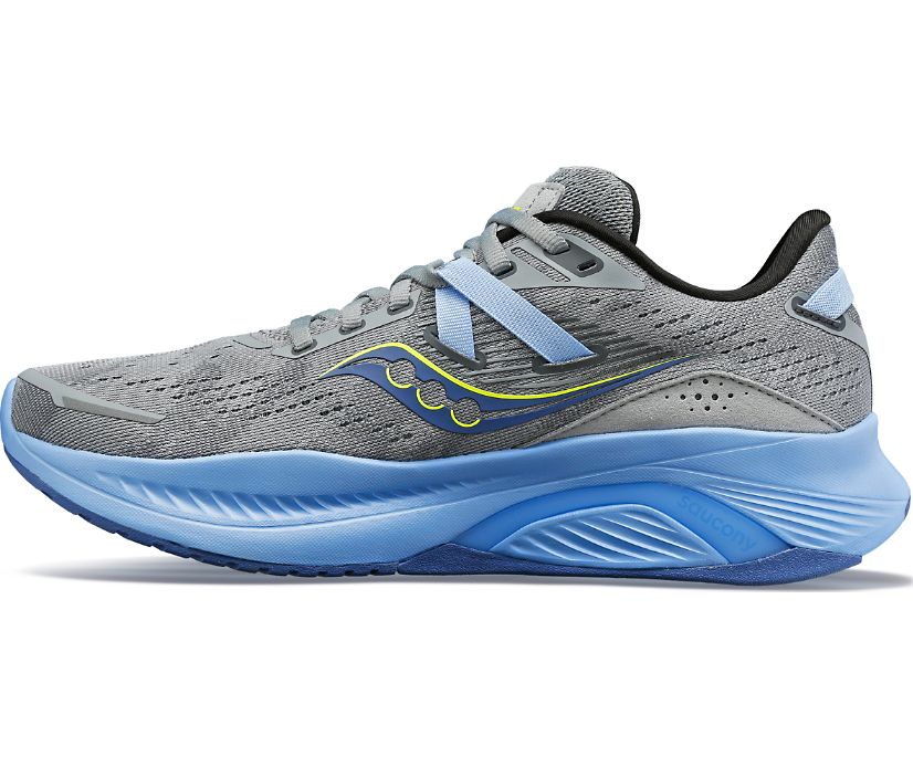 Women's Saucony Guide 16. Grey upper. Blue midsole. Medial view.