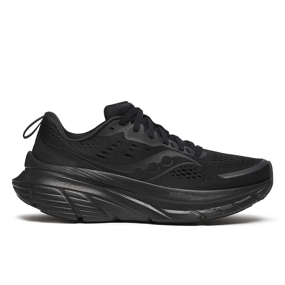 Women's Saucony Guide 18. Black upper. Black midsole. Lateral view.