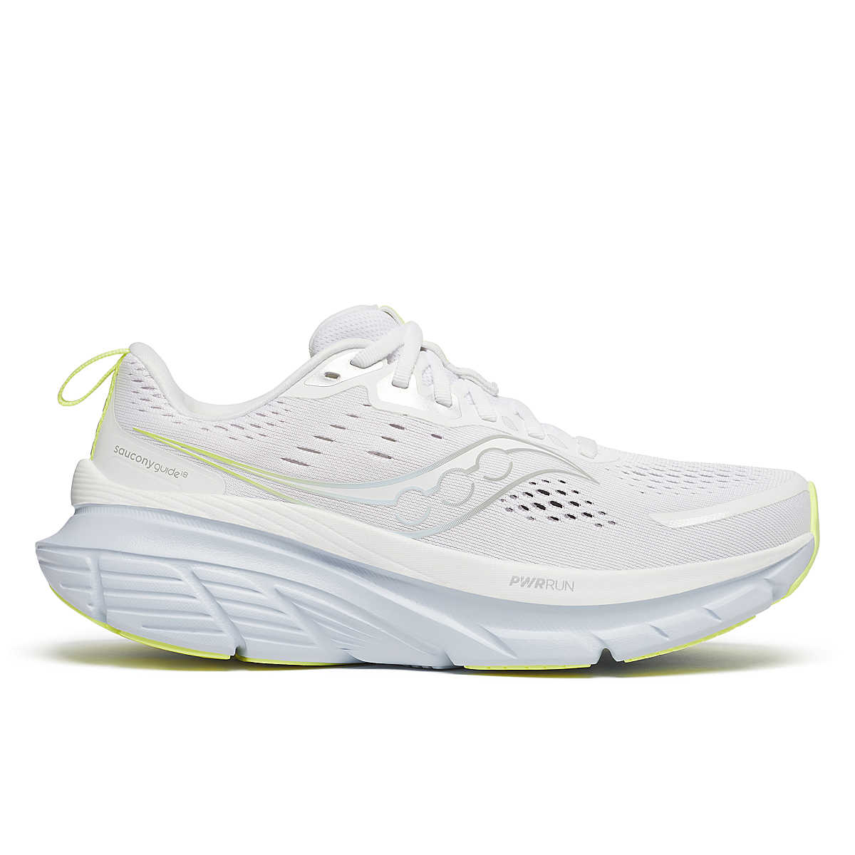 Women's Saucony Guide 18. White/Ice Melt. Lateral view.