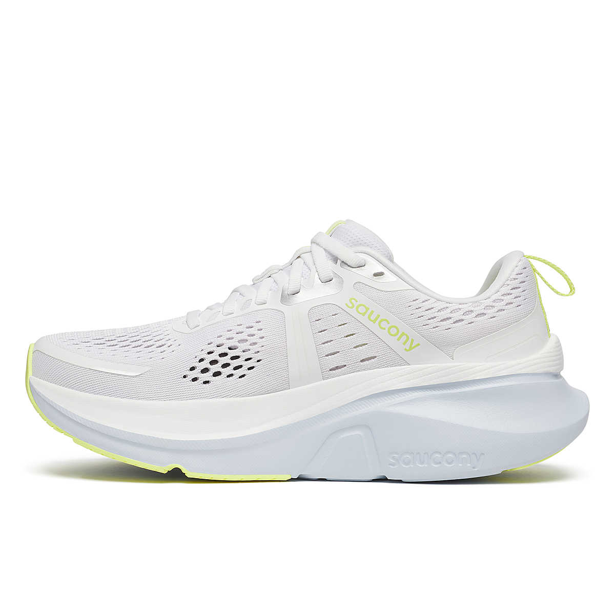 Women's Saucony Guide 18. White/Ice Melt. Medial view.