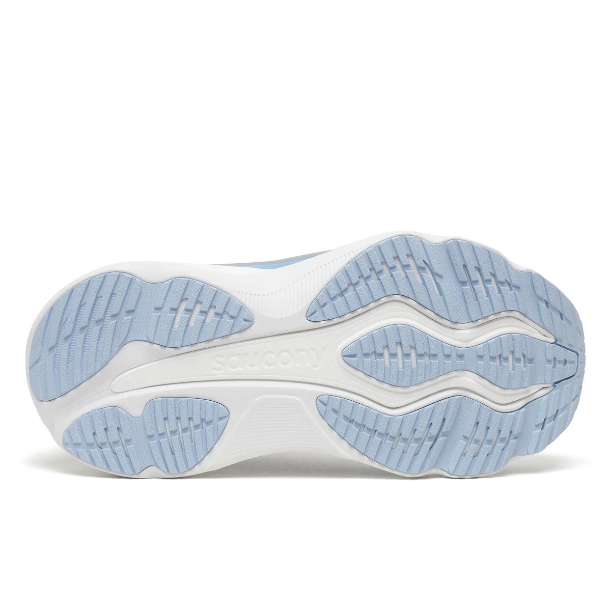 Women's Saucony Hurricane 26. Grey upper. White midsole. Bottom view.