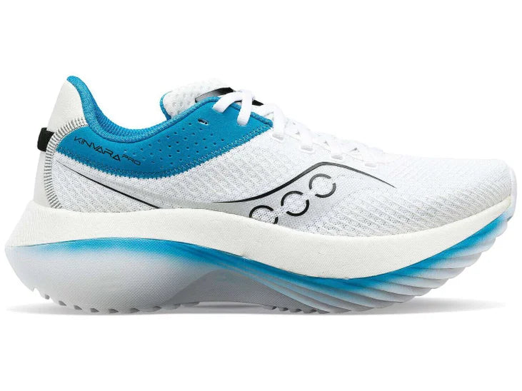 Women's Saucony Kinvara Pro. White upper. White/Blue midsole. Lateral view.