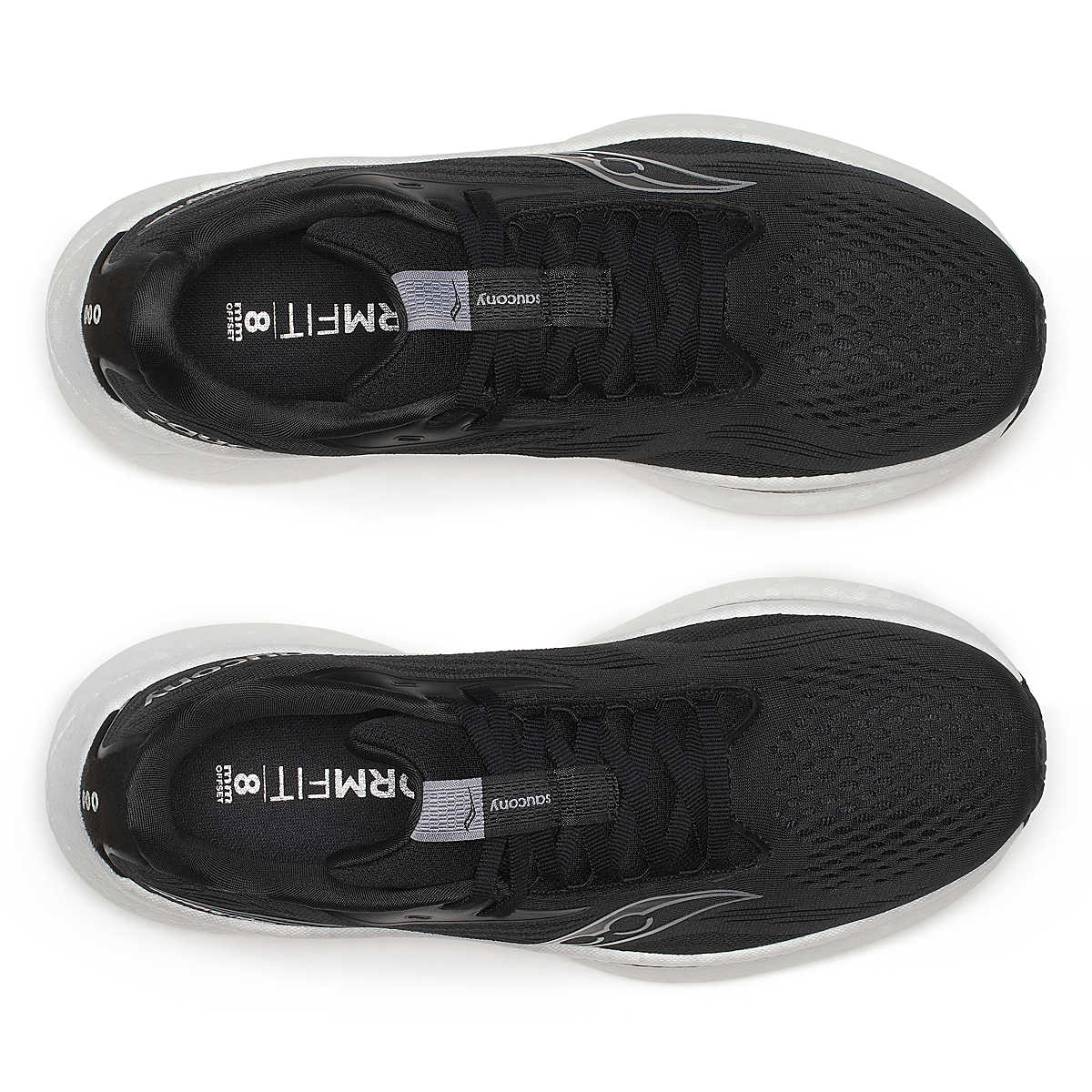 Women's Saucony Ride 18. Black upper. White midsole. Top view.