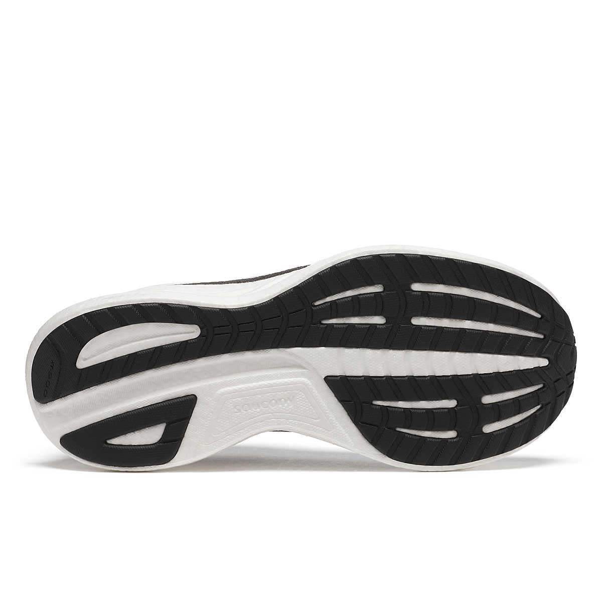 Women's Saucony Ride 18. Black upper. White midsole. Bottom view.