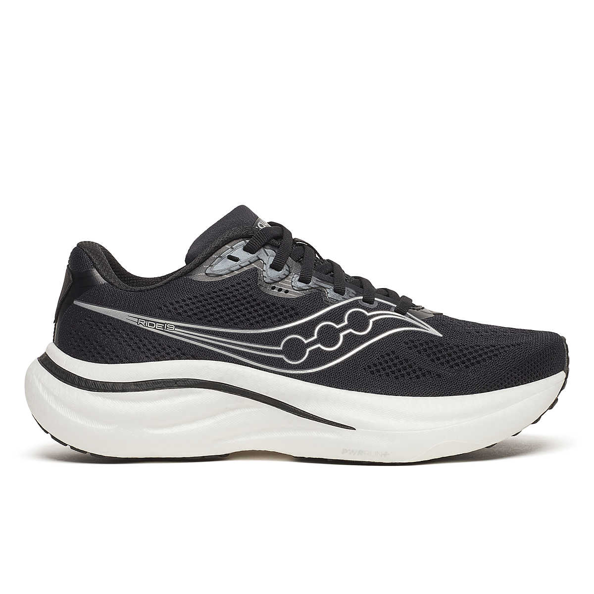 Women's Saucony Ride 19. Black/Silver. Lateral view.