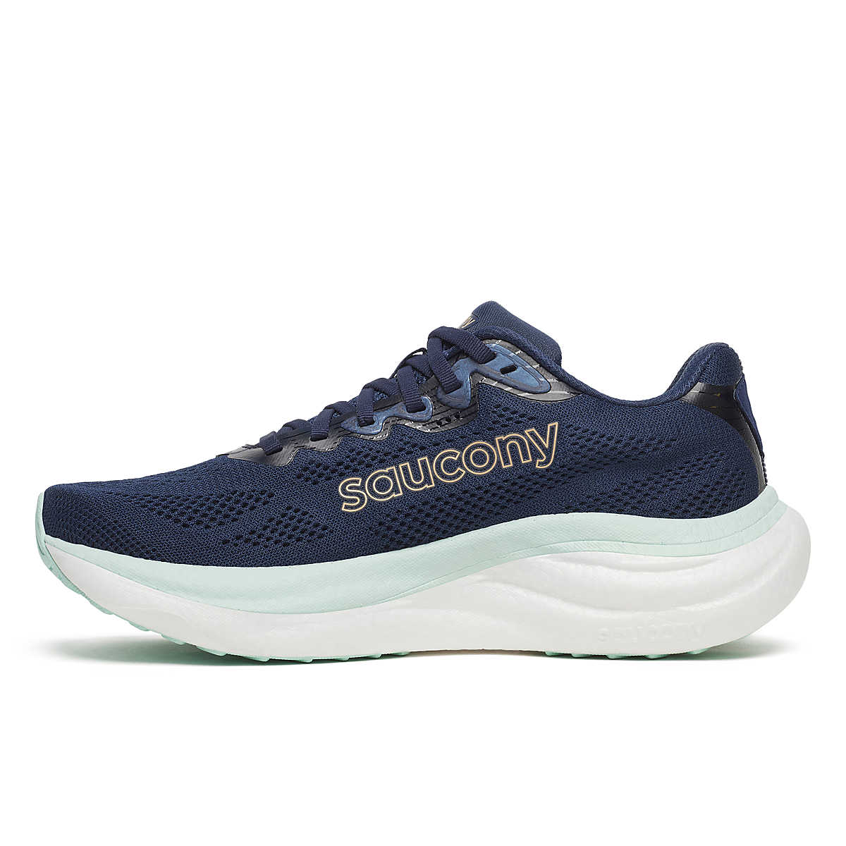 Women's Saucony Ride 19. Navy upper. White midsole. Medial view.