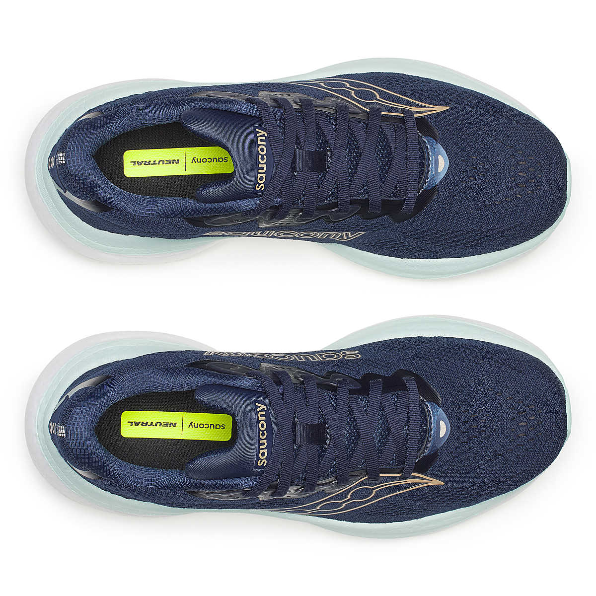 Women's Saucony Ride 19. Navy upper. White midsole. Top view.