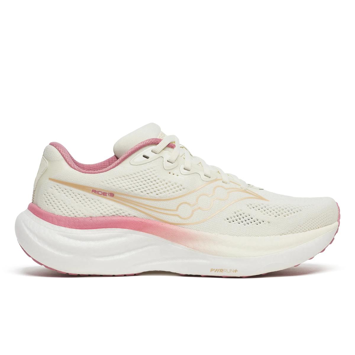 Women's Saucony Ride 19. Vanilla/Mauve. Lateral view.