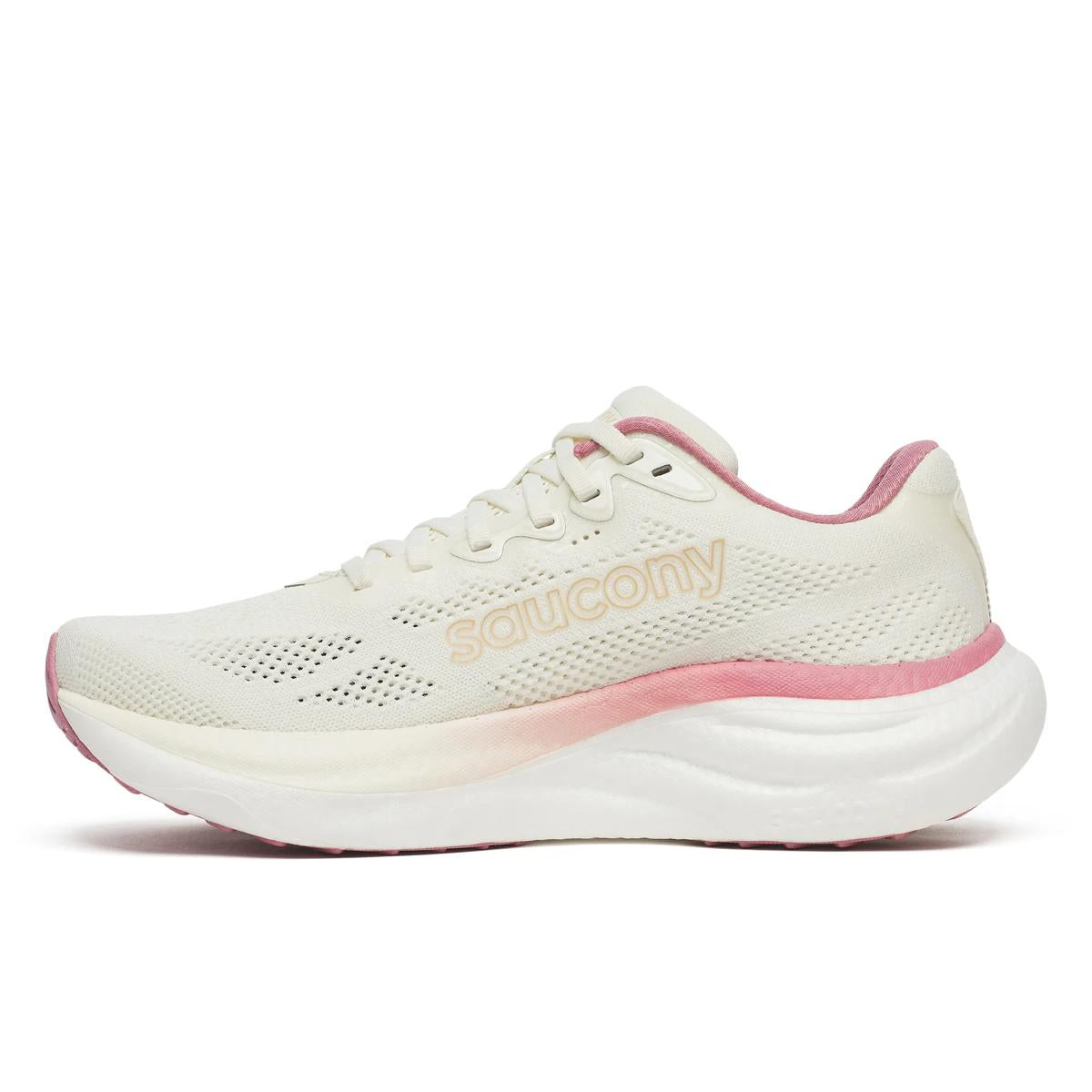 Women's Saucony Ride 19. Vanilla/Mauve. Medial view.