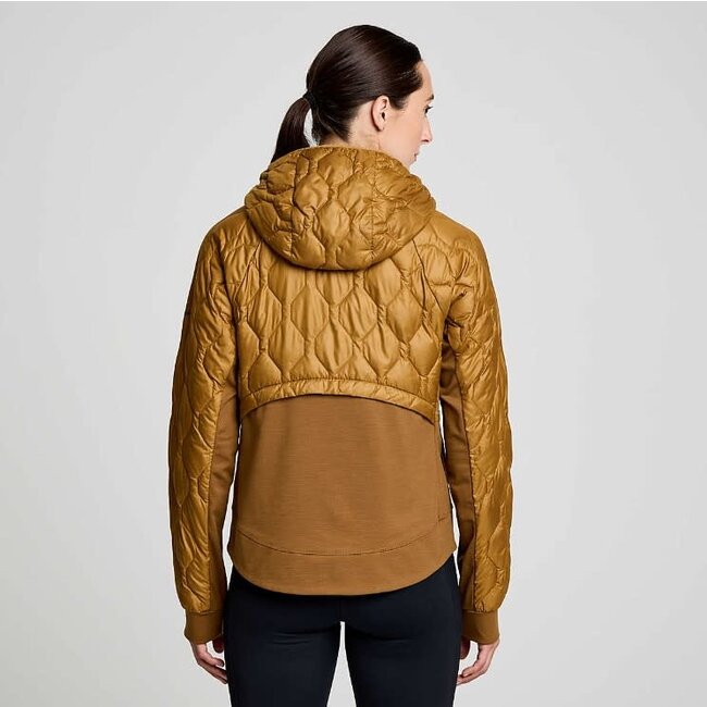 Women's Saucony Solstice Oysterpuff Jacket. Gold colorway. Back view.
