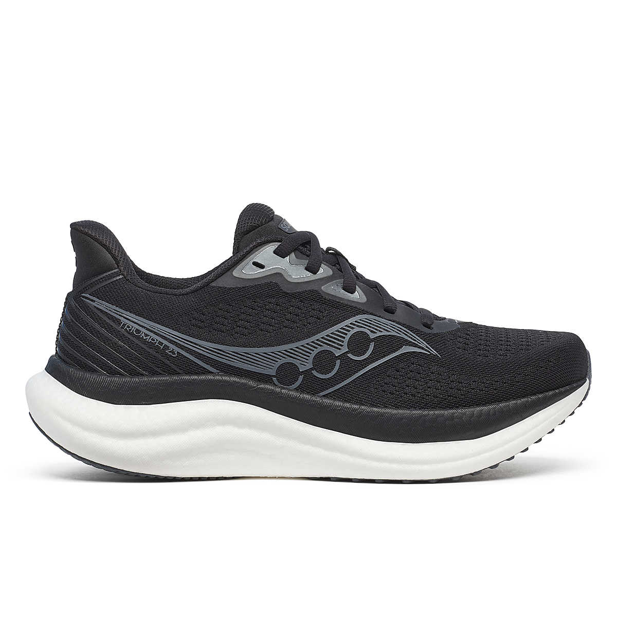 Women's Saucony Triumph 23. Black/White. Lateral view.
