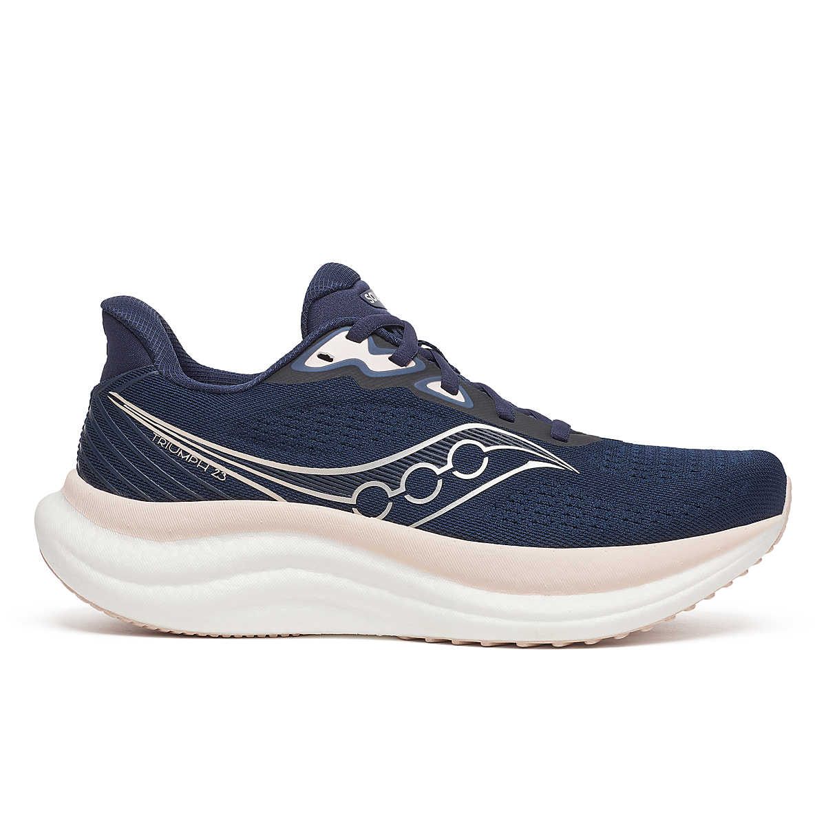 Women's Saucony Triumph 23. Navy/Cameo. Lateral view.