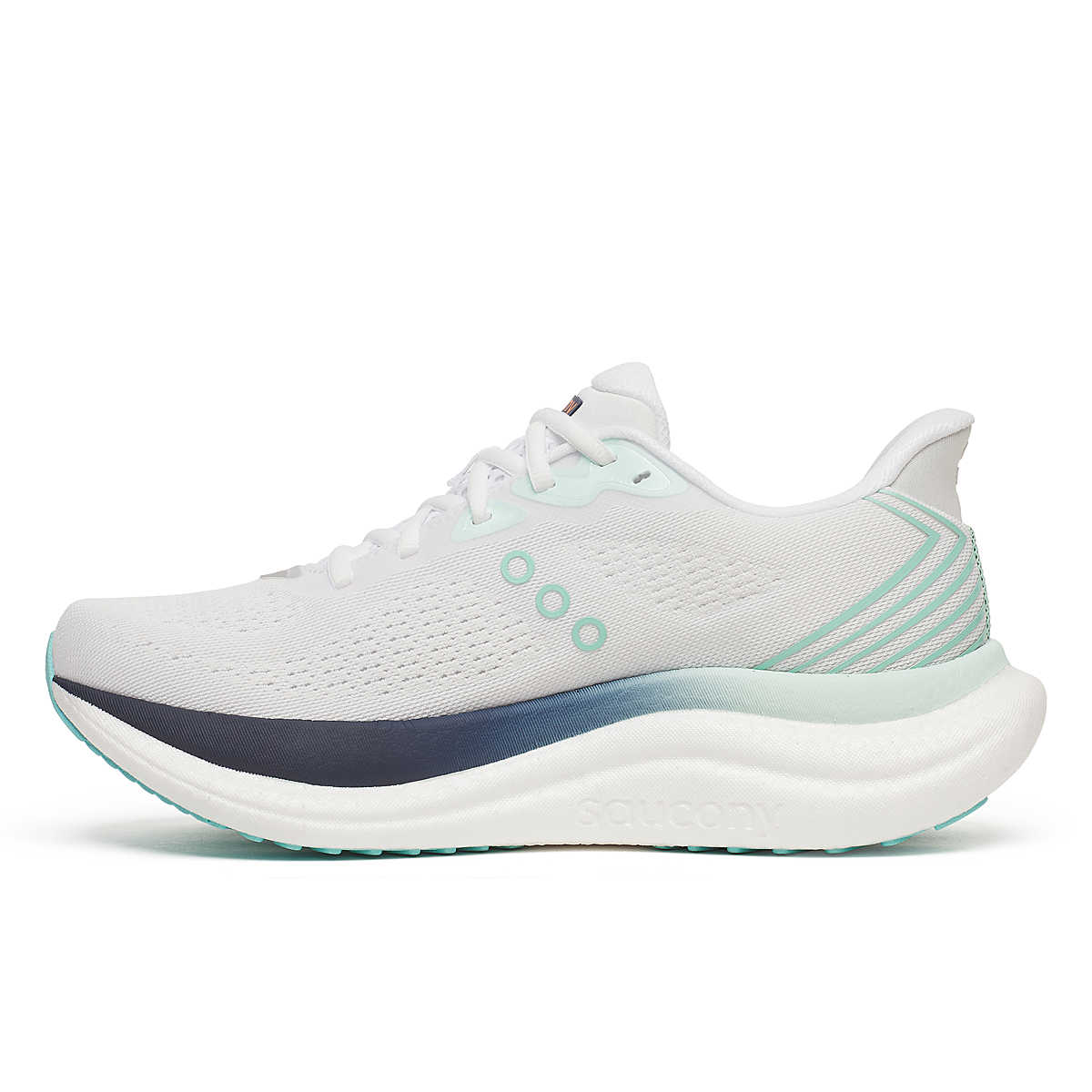 Women's Saucony Triumph 23. White/Navy. Medial view.