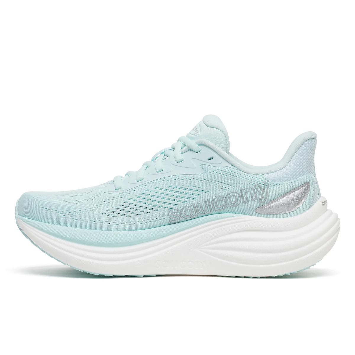 Women's Saucony Triumph 24. Light Green upper. White midsole. Medial view.