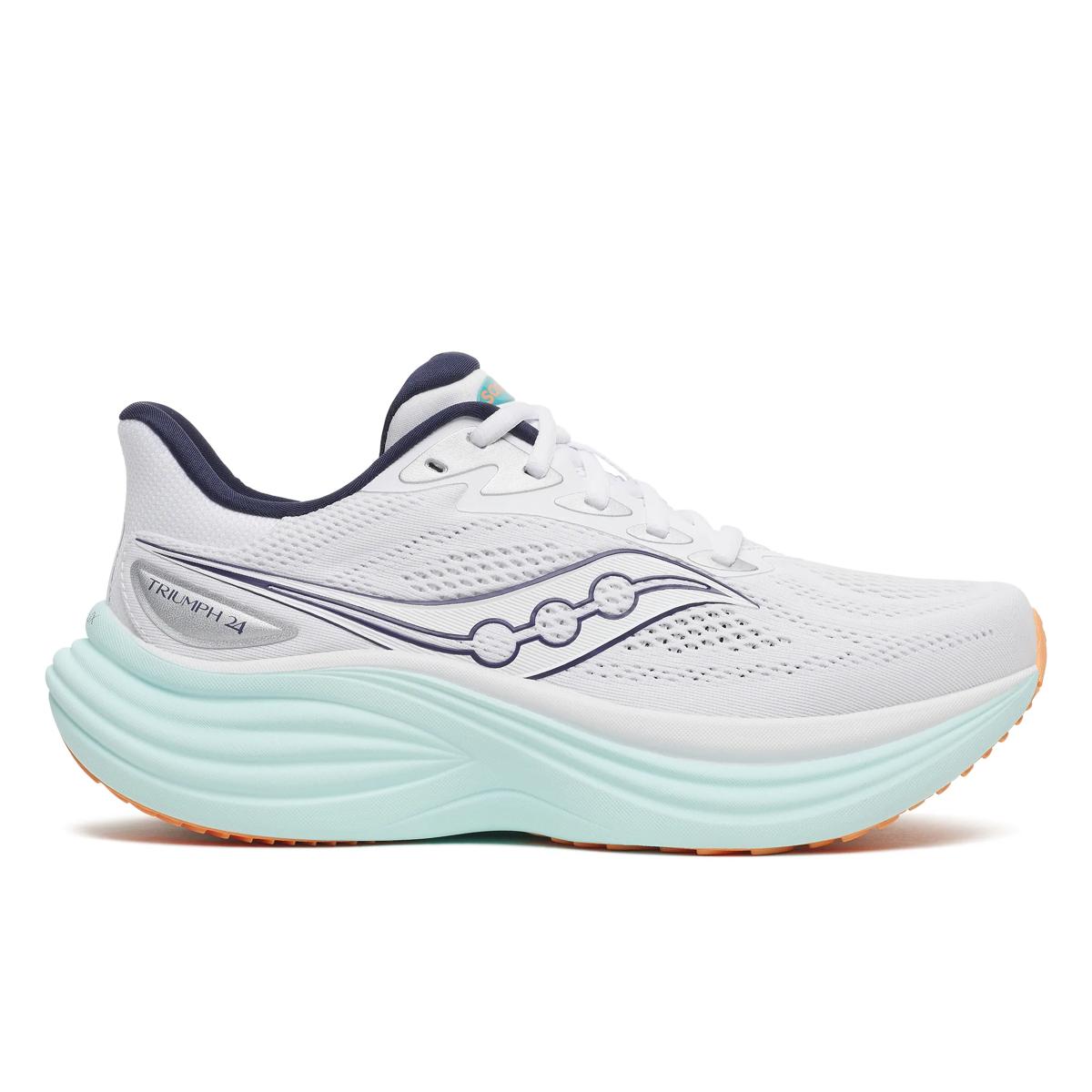 Women's Saucony Triumph 24. White upper. Light Green midsole. Lateral view.