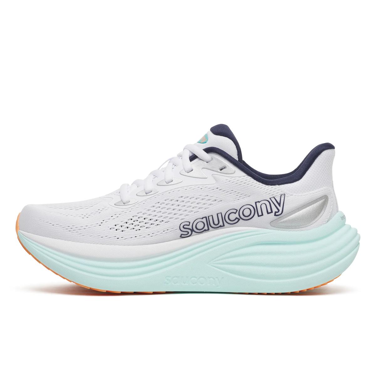 Women's Saucony Triumph 24. White upper. Light Green midsole. Medial view.