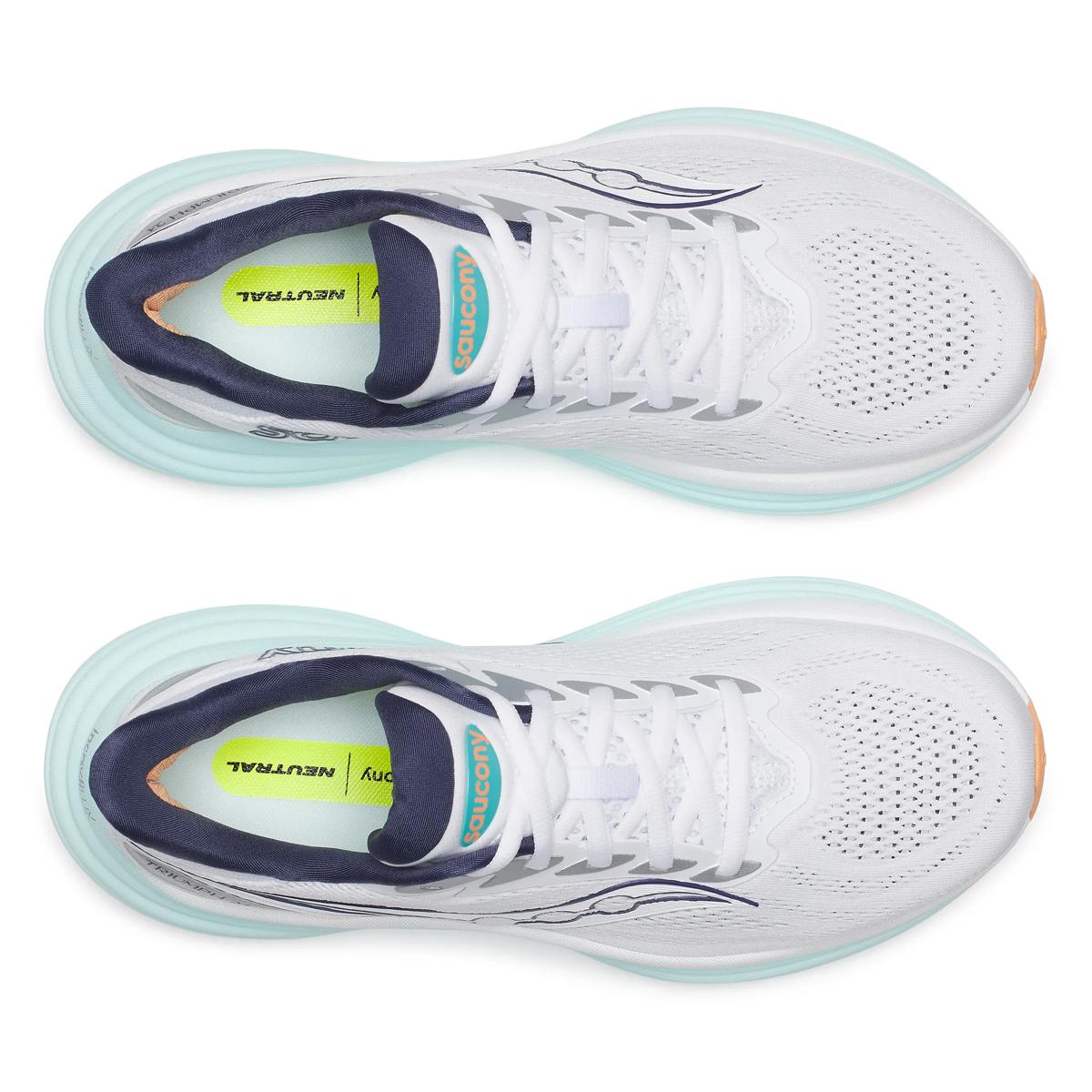 Women's Saucony Triumph 24. White upper. Light Green midsole. Top view.