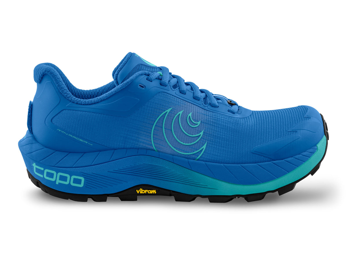 Women's Topo MTN Racer. Blue upper. Blue midsole. Lateral view.