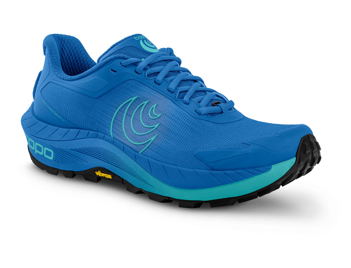 Women's Topo MTN Racer. Blue upper. Blue midsole. Lateral view.