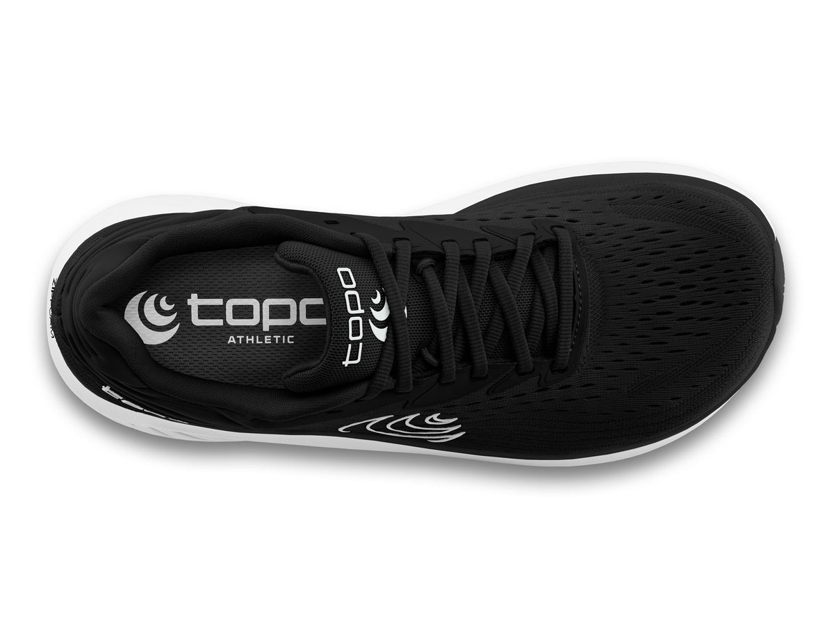 Women's Topo Atmos 2. Black upper. White midsole. Top view.
