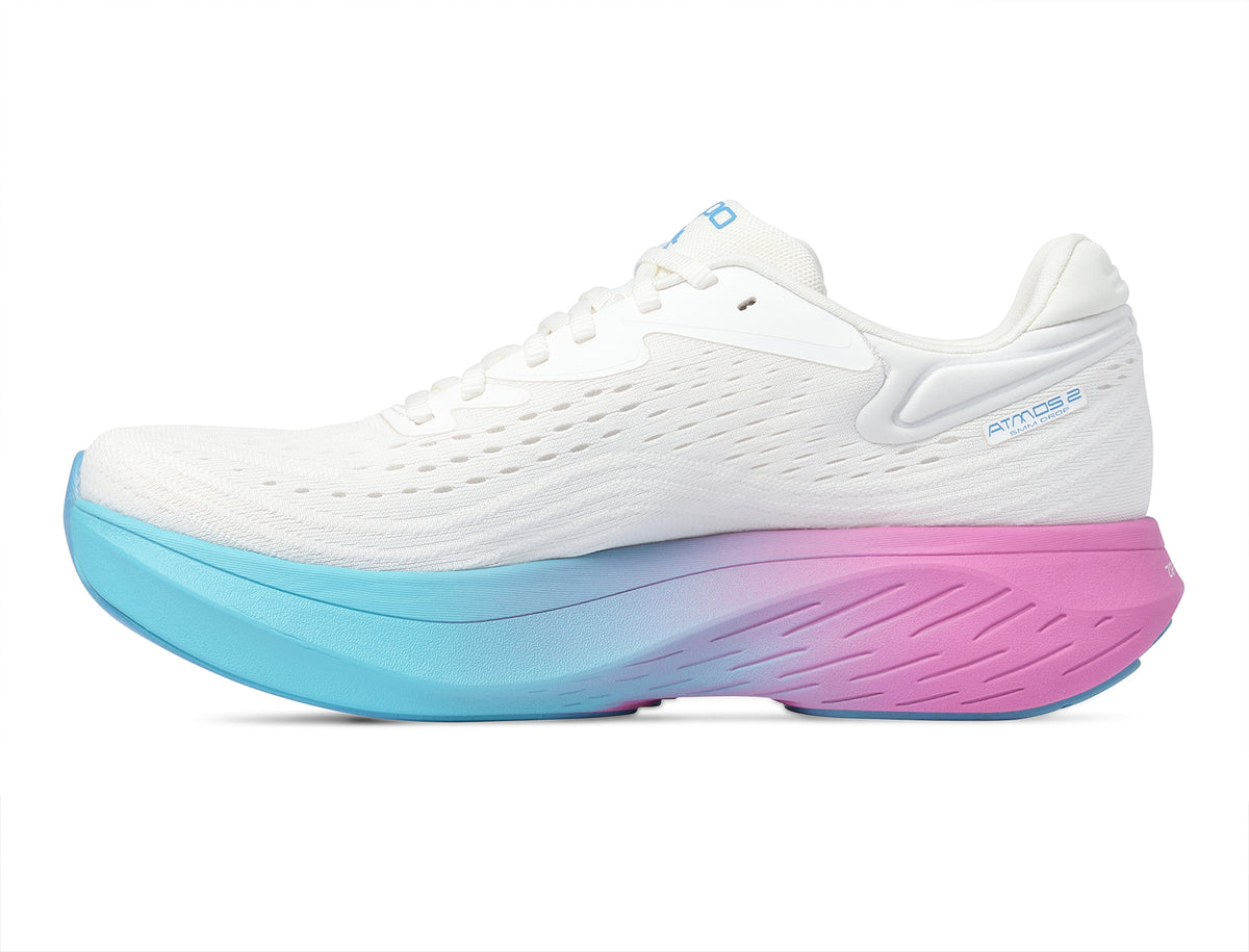 Women's Topo Atmos 2. White upper. Pink/Blue midsole. Medial view.