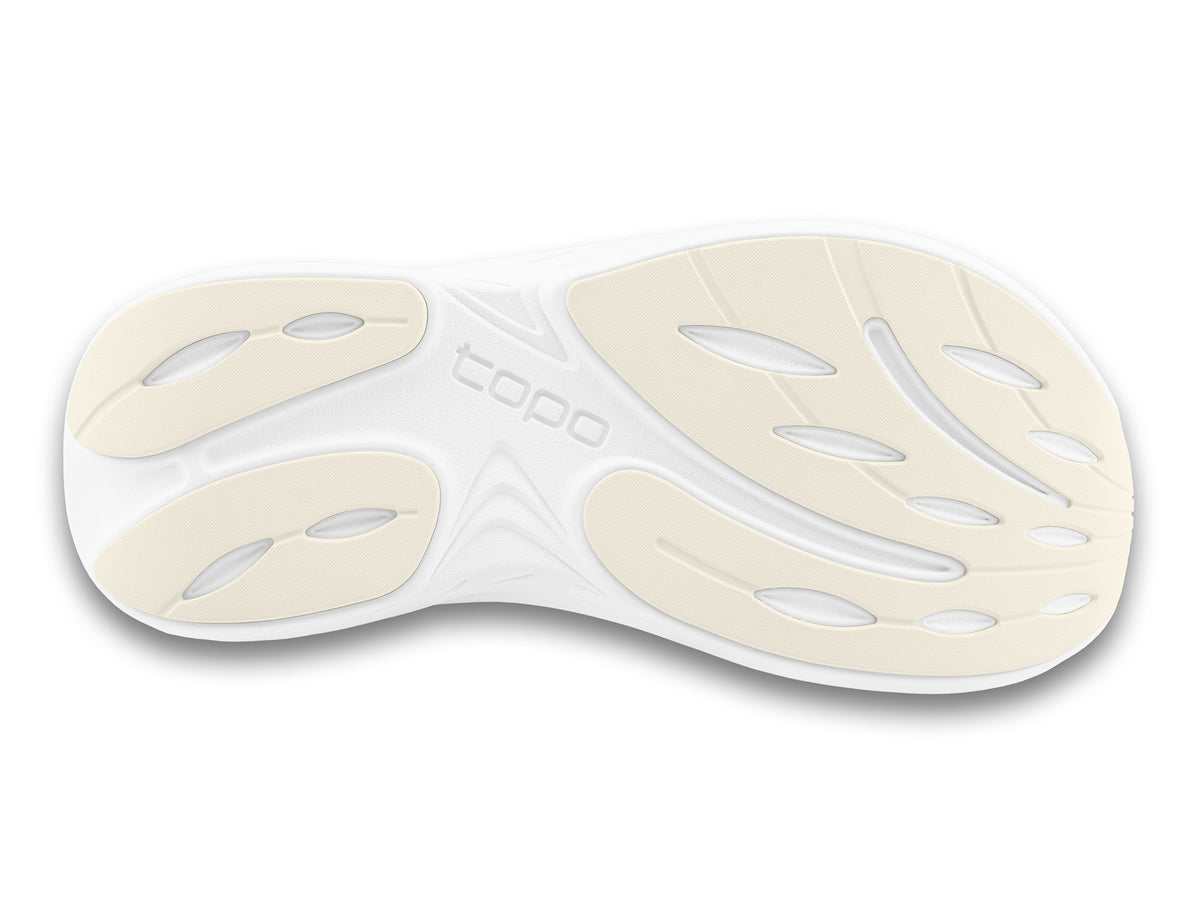 Women's Topo Atmos 2. Cream upper. White midsole. Bottom view.