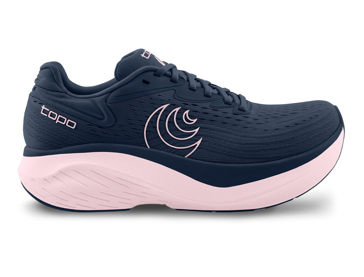 Women's Topo Atmos 2. Purple upper. Pink midsole. Lateral view.