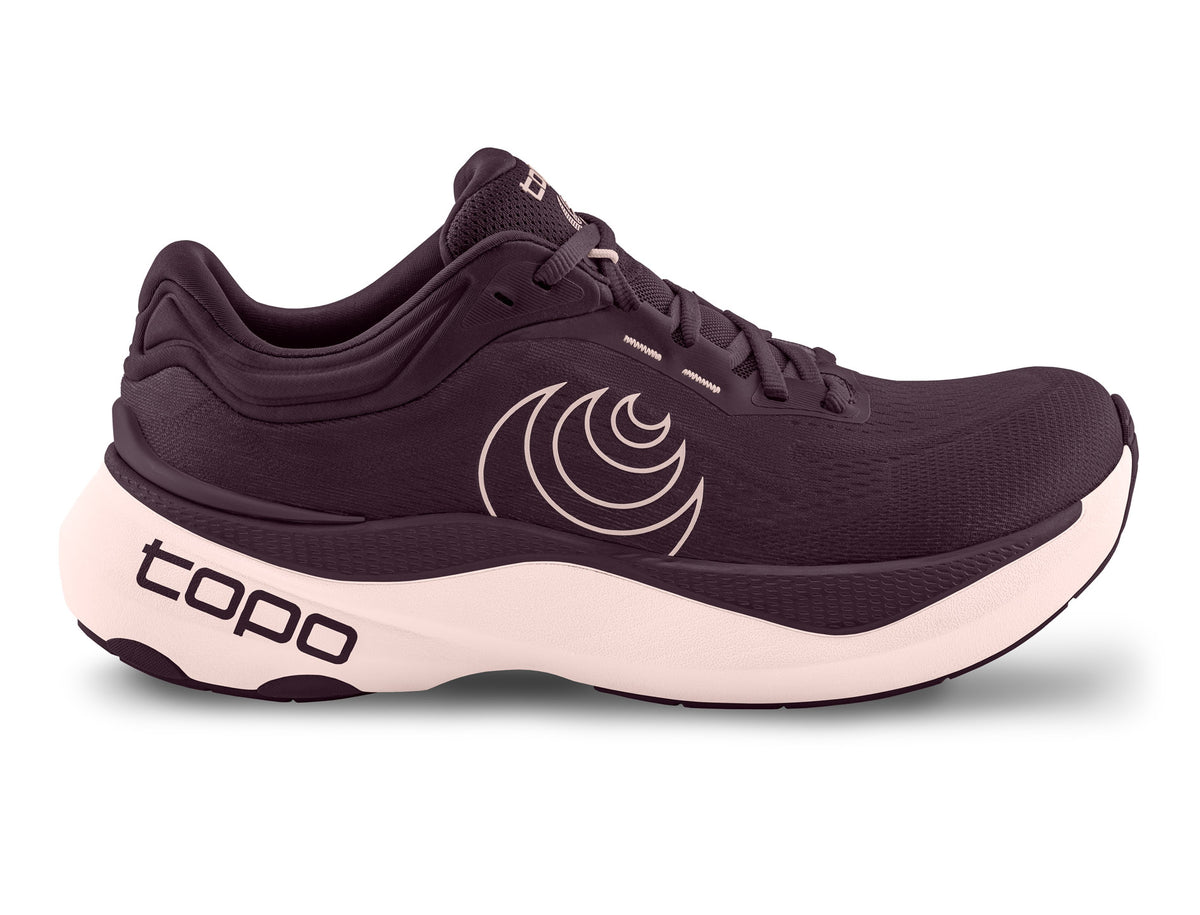 Women's Topo Aura 2. Maroon upper. White midsole. Lateral view.
