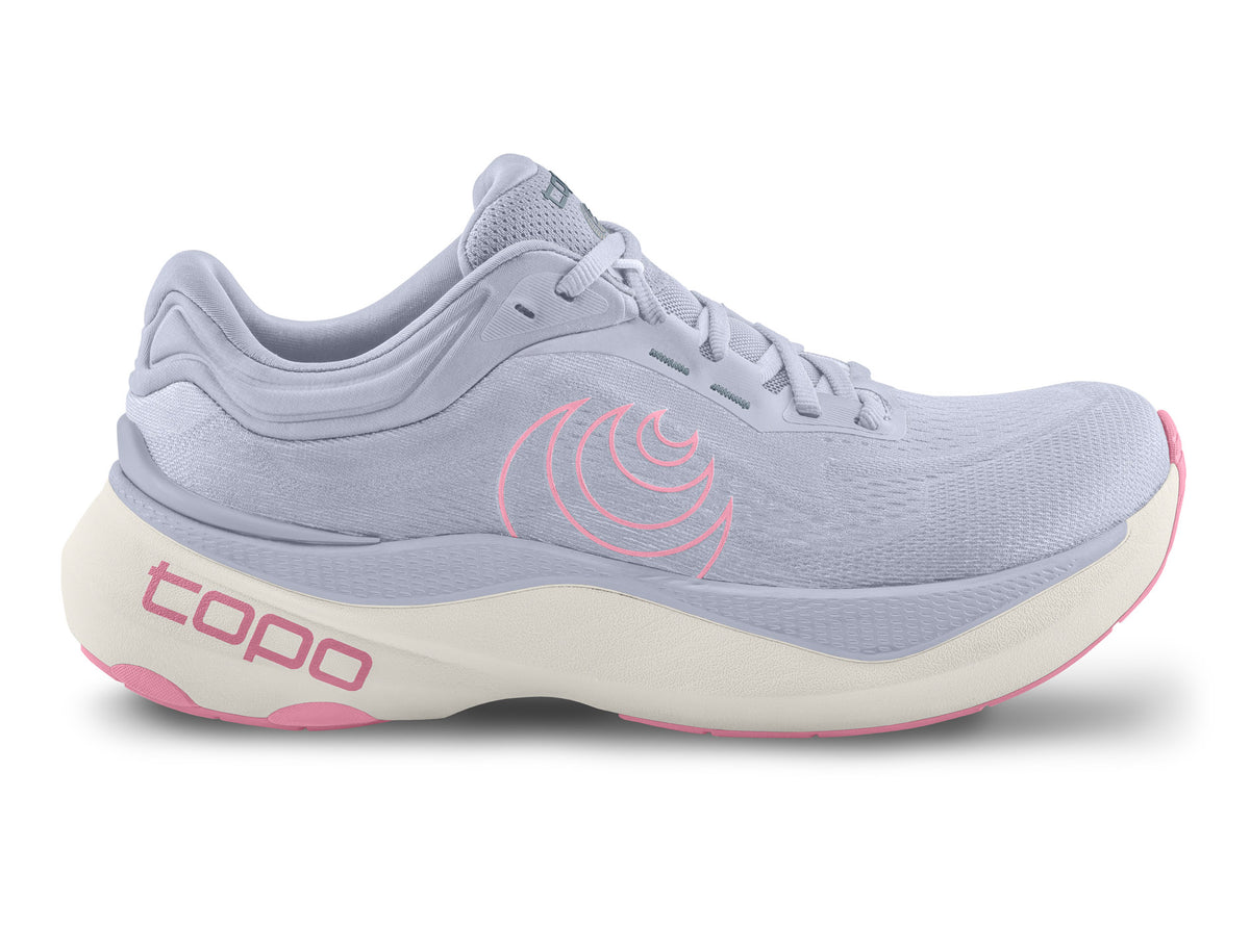Women's Topo Aura 2. Light Purple upper. White midsole. Lateral view.