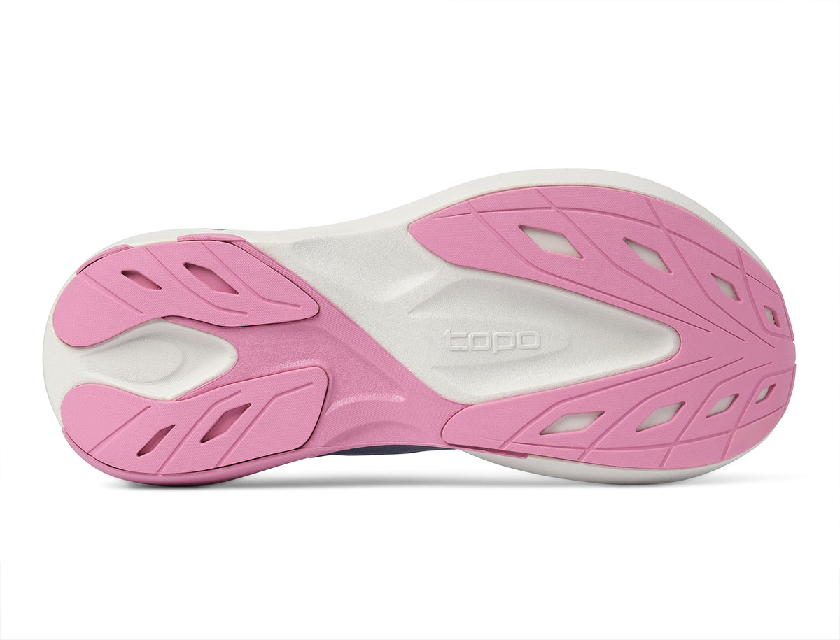 Women's Topo Aura 2. Light Purple upper. White midsole. Bottom view.