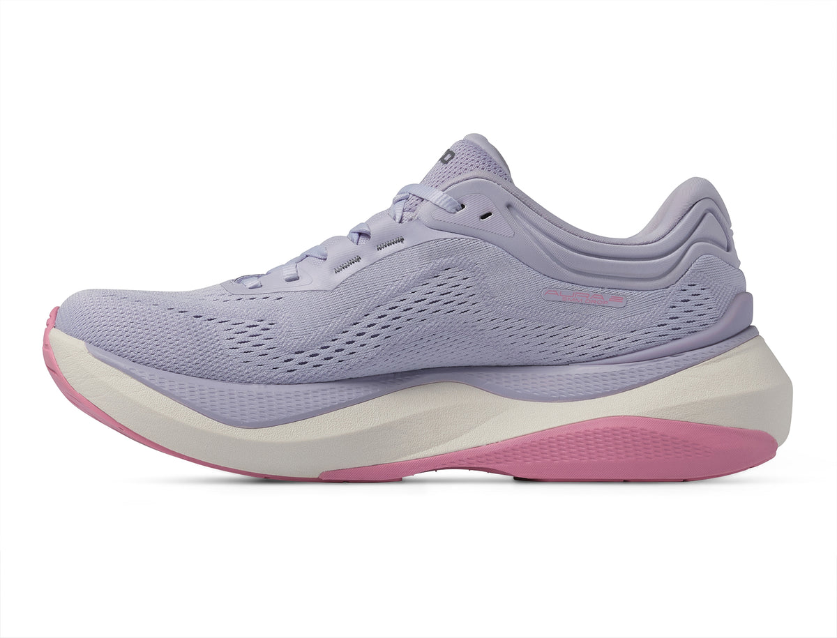 Women's Topo Aura 2. Light Purple upper. White midsole. Medial view.