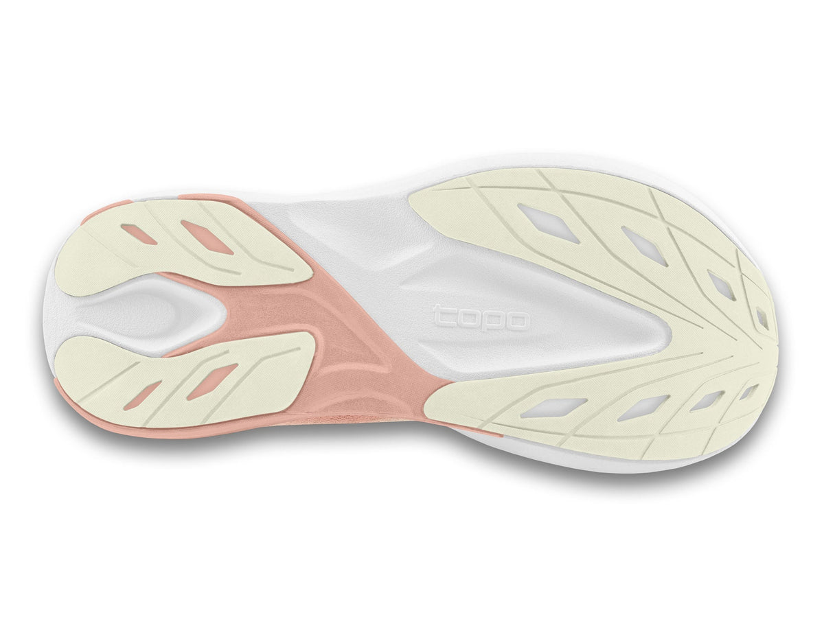 Women's Topo Athletic Aura in Cream/Rose, outsole view.