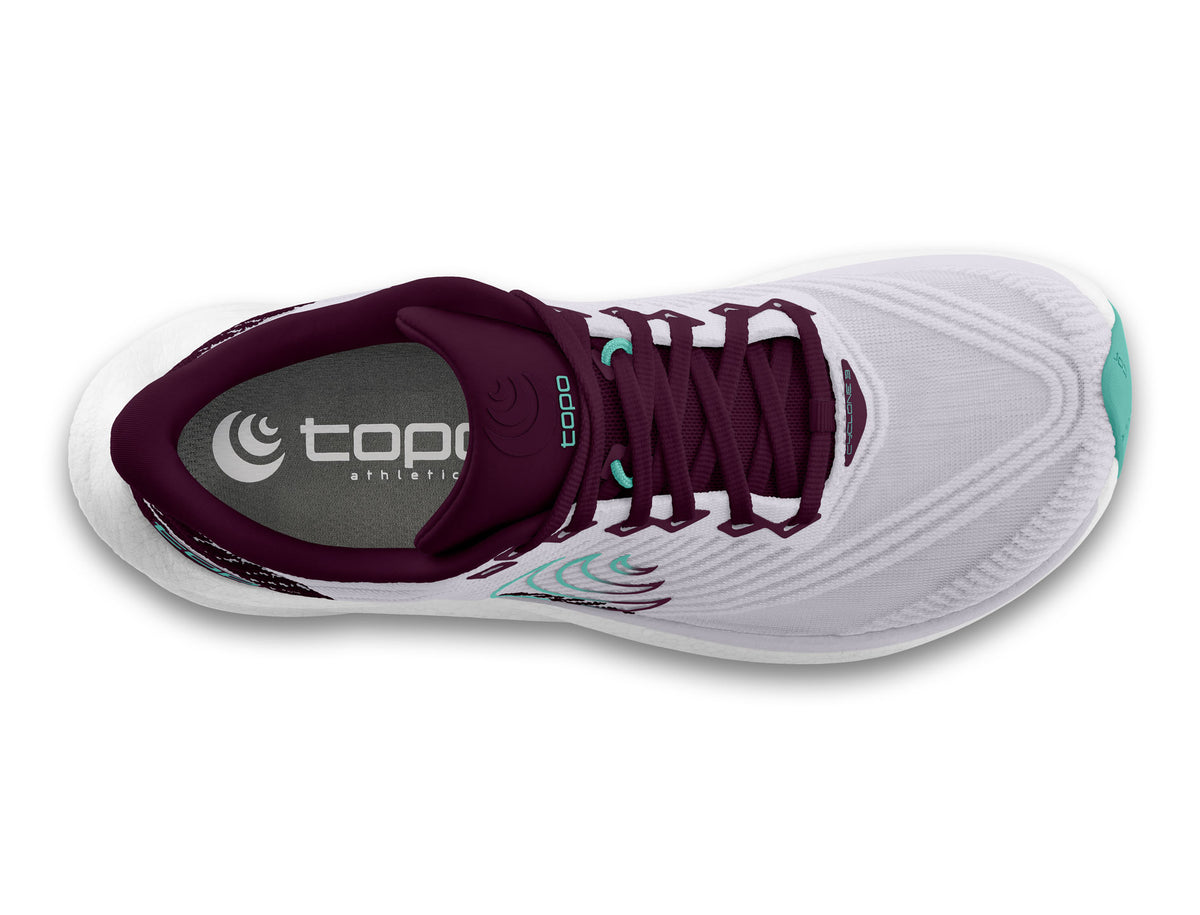 Women's Topo Cyclone 3. Light Purple upper. White midsole. Top view.