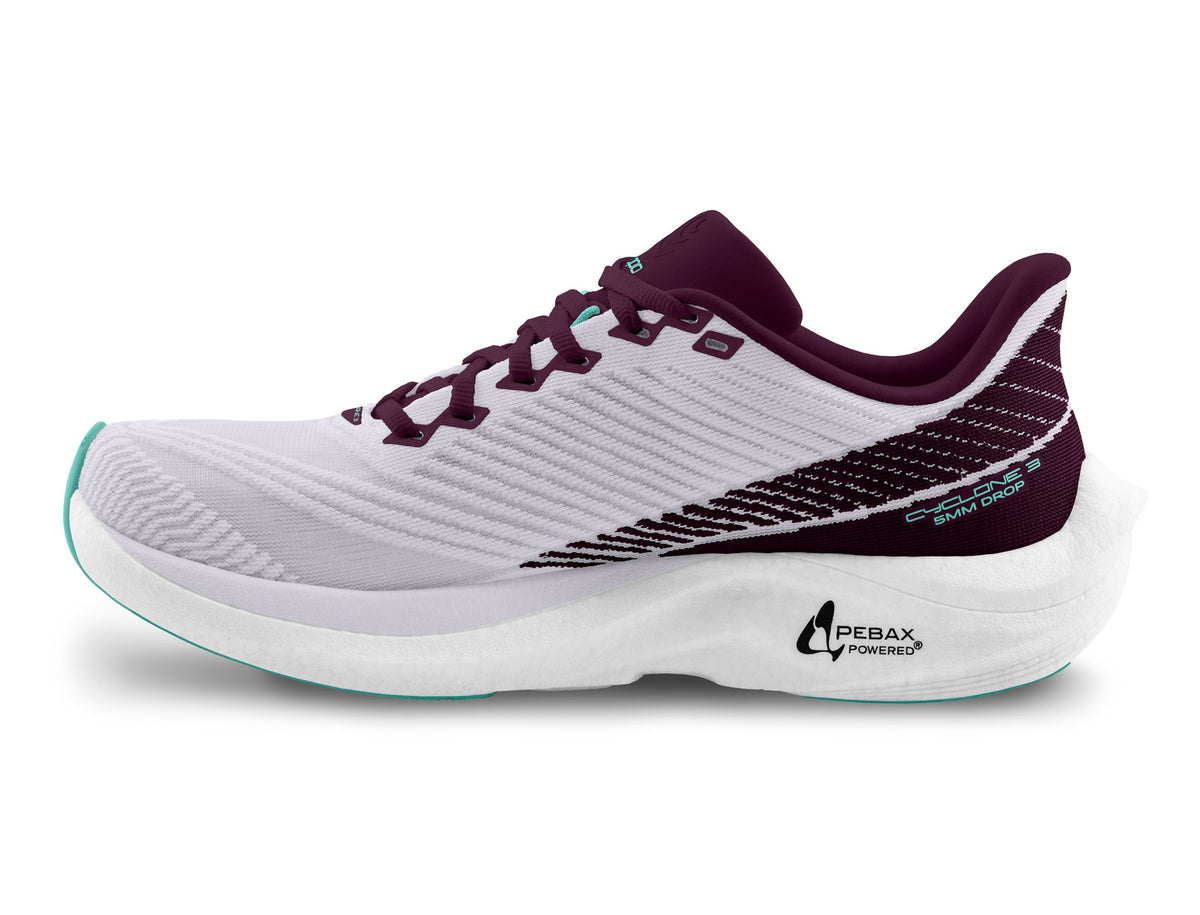 Women's Topo Cyclone 3. Light Purple upper. White midsole. Medial view.