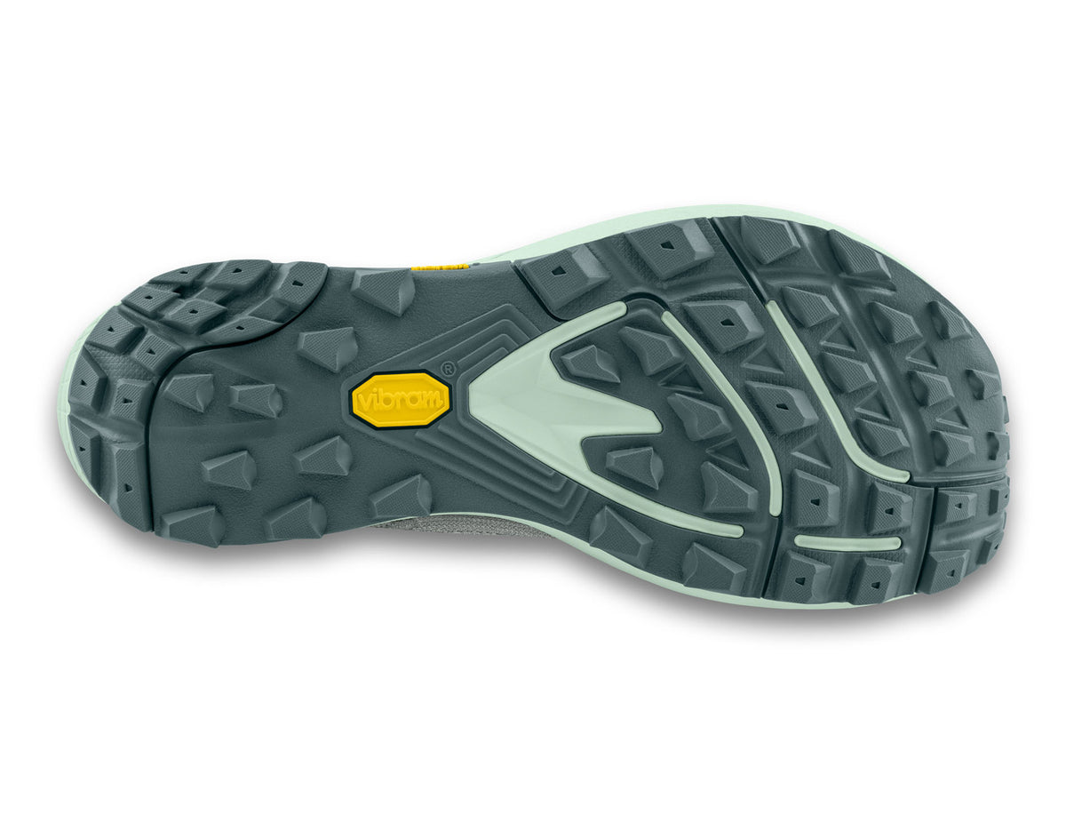 Women's Topo Pursuit 2. Grey upper. Light green midsole. Bottom view.