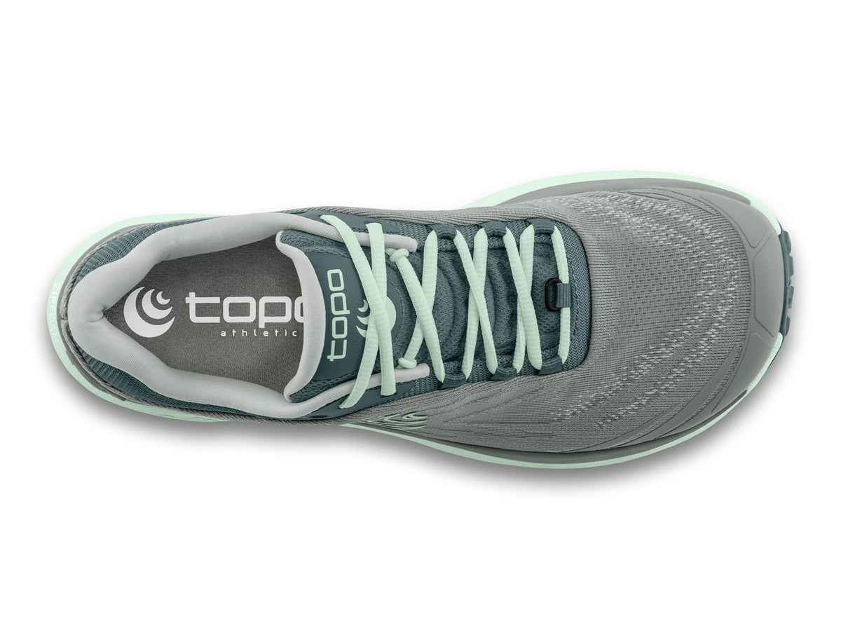 Women's Topo Pursuit 2. Grey upper. Light green midsole. Top view.