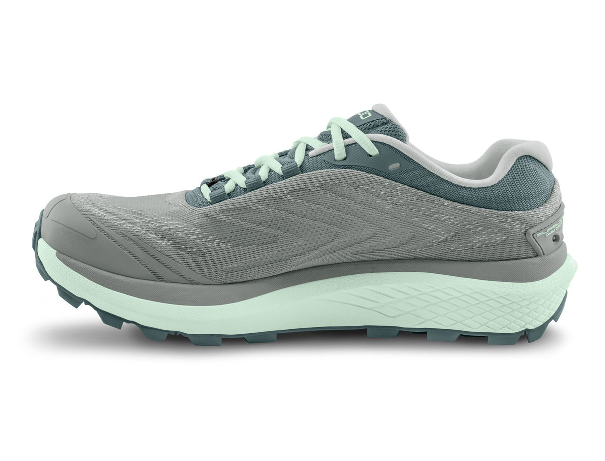 Women's Topo Pursuit 2. Grey upper. Light green midsole. Medial view.