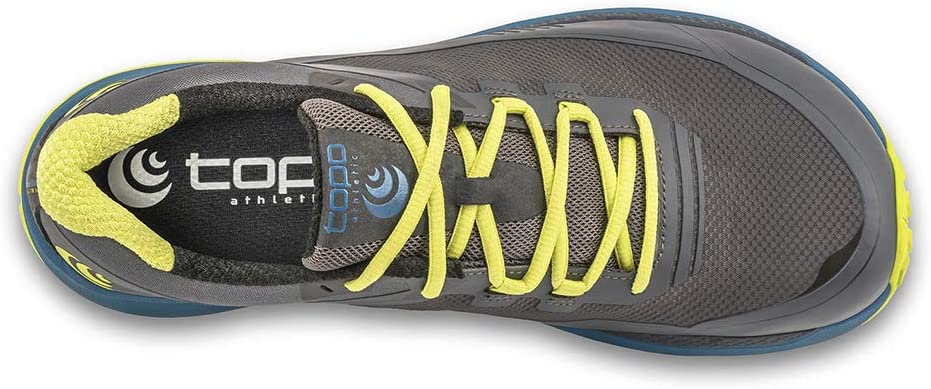 Women's Topo Athletic Runventure 3. Grey upper. Teal/yellow midsole. Top view.