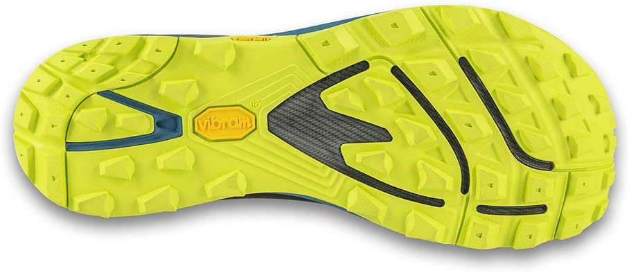 Women's Topo Athletic Runventure 3. Grey upper. Teal/yellow midsole. Bottom view.