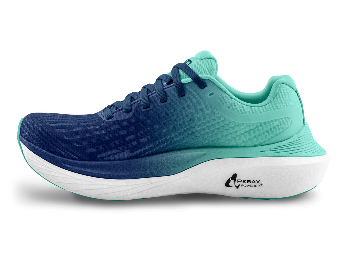 Women's Topo Specter 2. Blue Green upper. White midsole. Medial view.
